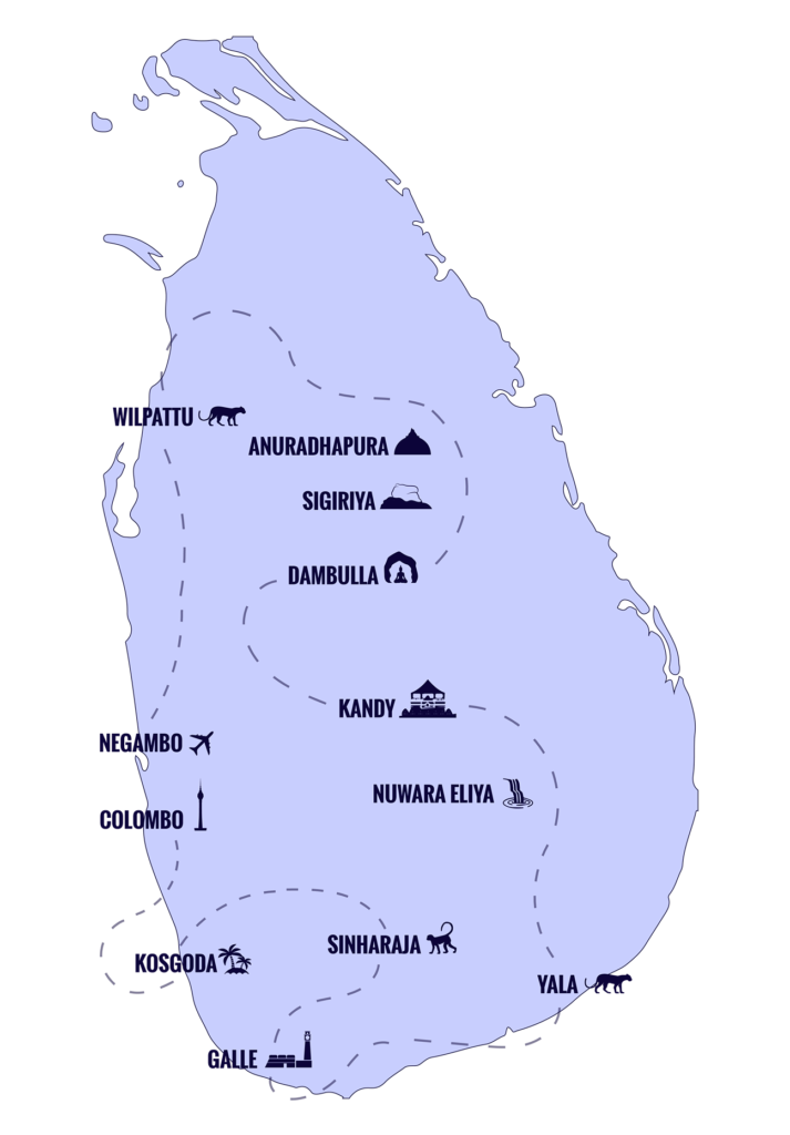 Map of Sri Lanka Itinerary for wildlife tour